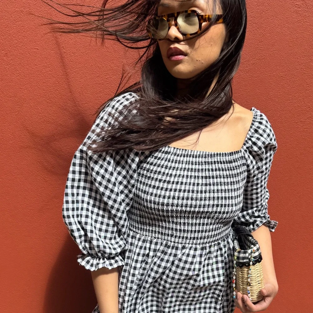 Black and White Gingham Smocked Sundress with Puff Sleeves - Size Medium - Picture 9 of 15